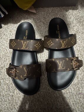 Louis Vuitton Brown Monogram Double-Strap Slide Sandals with Gold Buckles